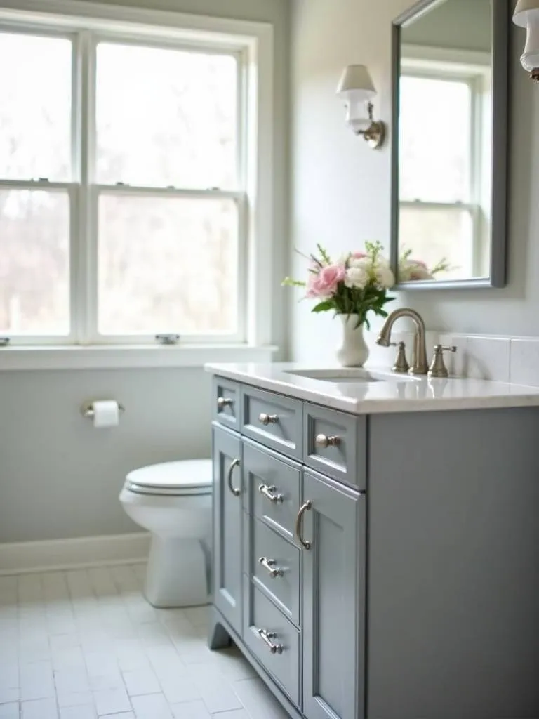 Refurbished bathroom vanity repainted in soft gray with new brushed nickel hardware