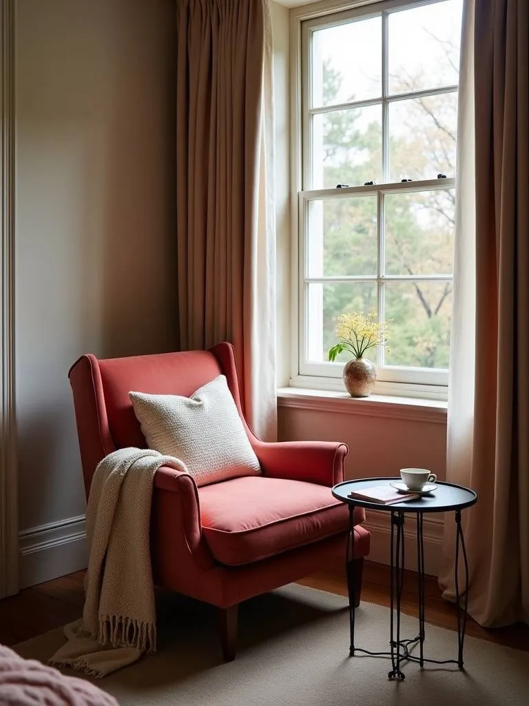 A cozy bedroom reading corner featuring a velvet armchair by a window, draped with a throw blanket, and accompanied by a side table with a book and tea, bathed in natural light