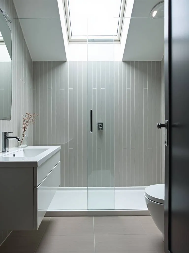 Small modern bathroom with vertically installed long grey tiles, creating the illusion of a taller and more spacious room.