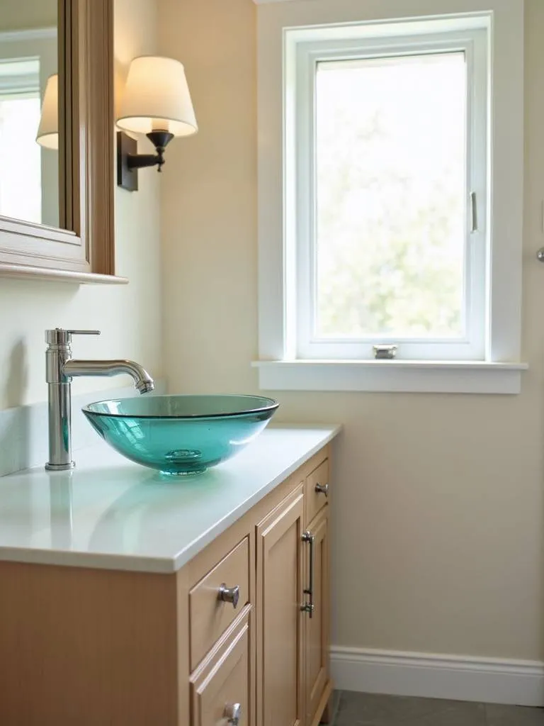 “A round glass vessel sink makes a stylish statement on a light wood vanity in a transitional bathroom.”