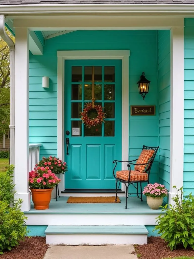 Vibrant turquoise colored porch with colorful décor