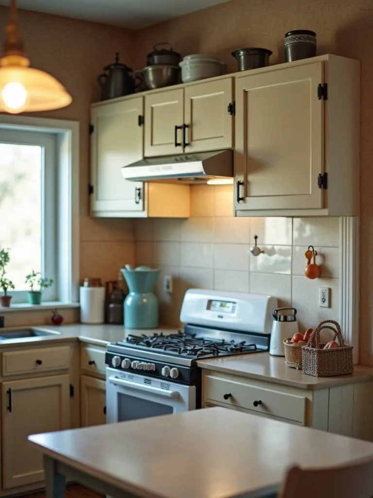 Vintage style kitchen with a 1930s inspired light fixture.