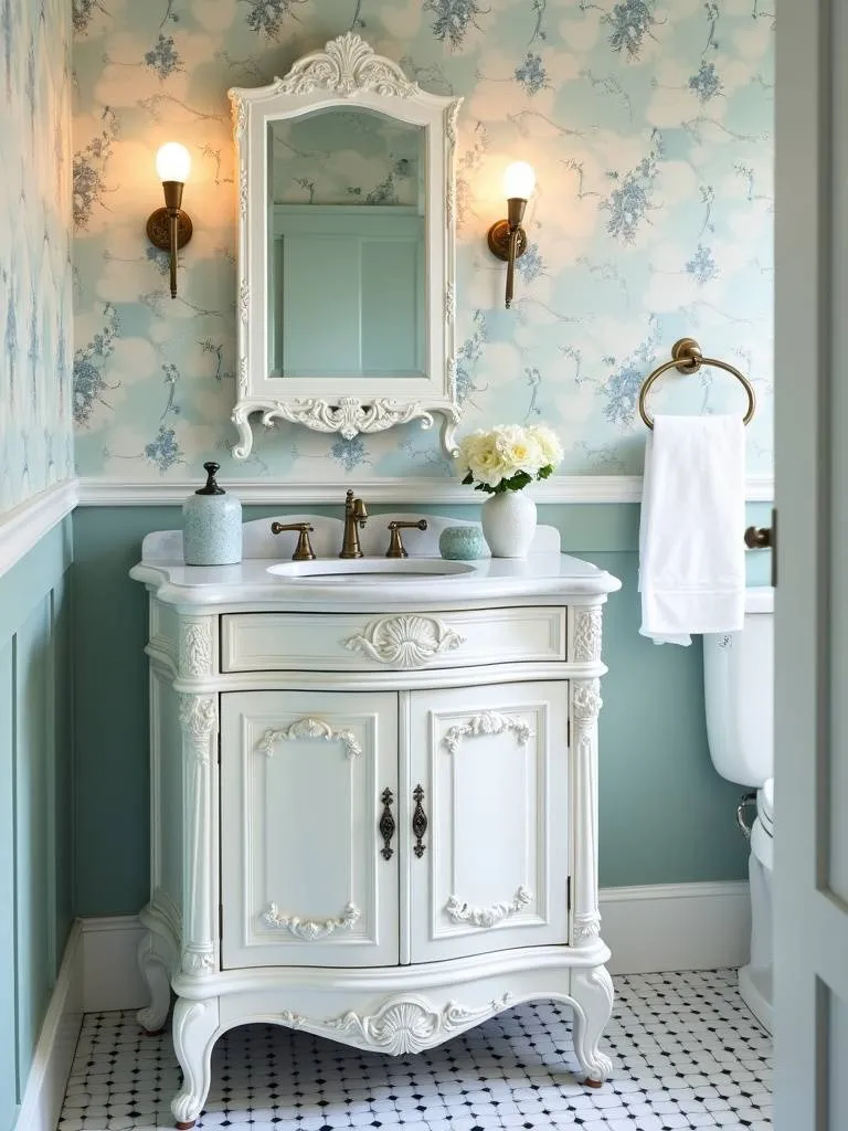“An antique-inspired white vanity with ornate details adds vintage charm to a small bathroom.”