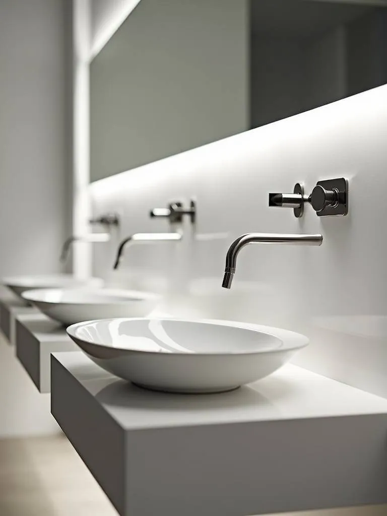 Elegant wall mounted faucets with a vessel sink.