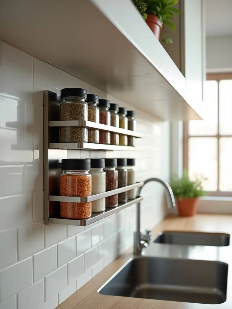 Wall-mounted spice rack on a kitchen backsplash, displaying various spices in jars for easy cooking access.