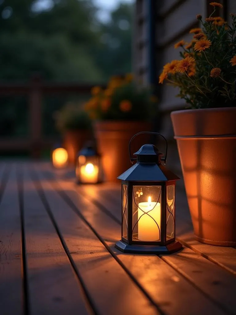 Deck at dusk illuminated by a collection of rustic and modern lanterns, casting a warm and inviting glow across the wooden surface and surrounding plants.