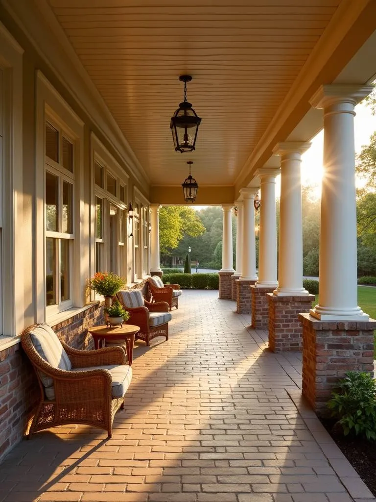 Cozy warm beige porch with wicker furniture