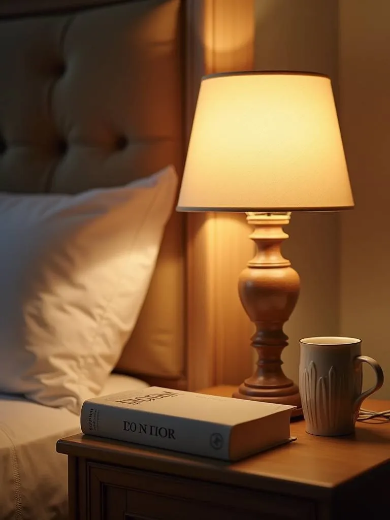 A close-up of a bedside table with a warm glow bedside lamp illuminated, casting a soft light on a book and mug, emphasizing the lamp’s cozy illumination