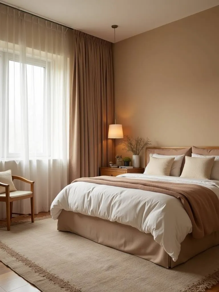 A cozy bedroom with walls painted in a warm beige earth tone, complemented by natural wood furniture and linen curtains, creating a warm and inviting atmosphere