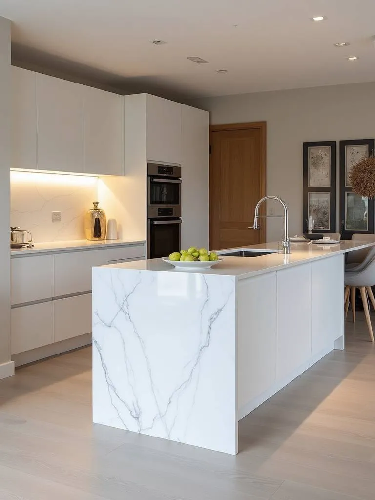 Modern kitchen featuring a white quartz waterfall countertop extending to the floor