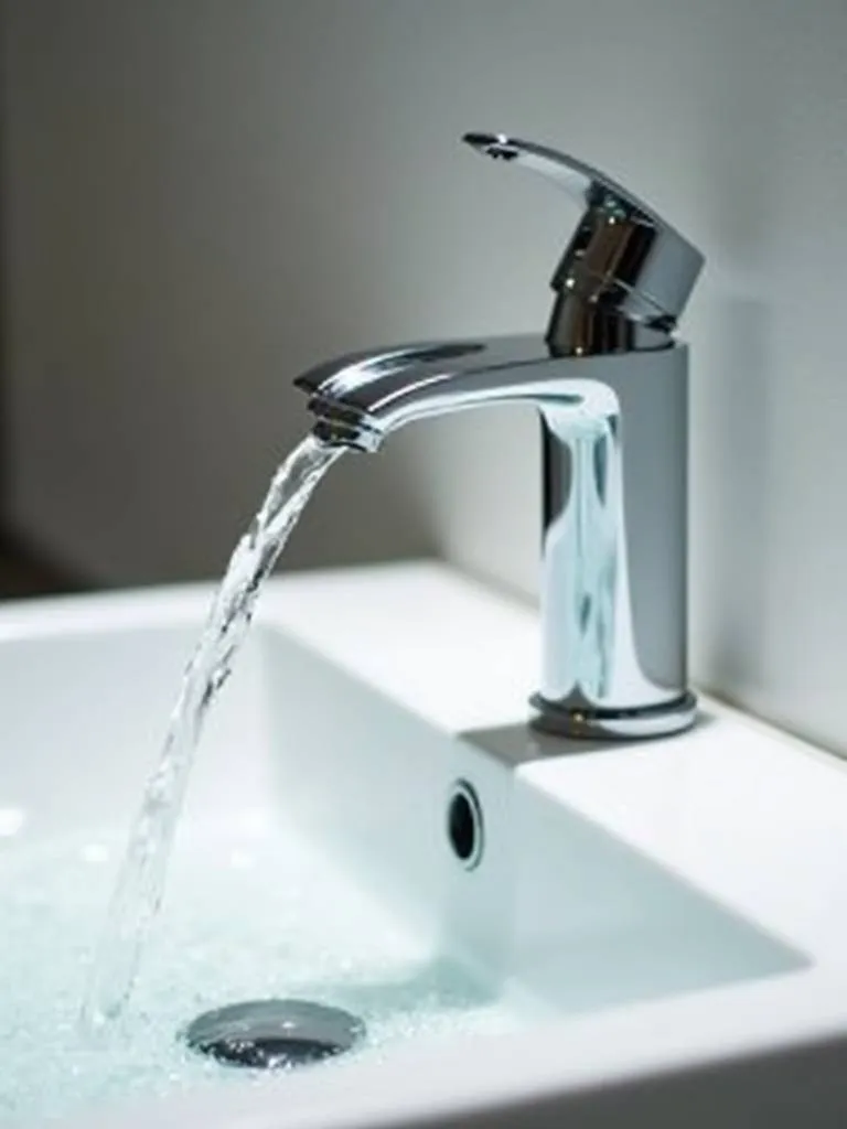 “Close-up of a modern bathroom sink featuring a chrome waterfall faucet, adding a touch of minimalist luxury.”