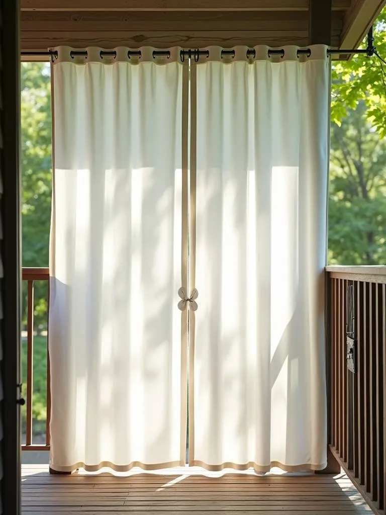 Deck partially enclosed by weatherproof white curtains gently swaying in the breeze, providing privacy and shade in a serene outdoor setting.