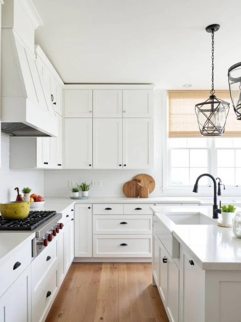 Classic white farmhouse kitchen cabinets showcasing mixed textures and tones, complemented by traditional hardware and natural wood elements.