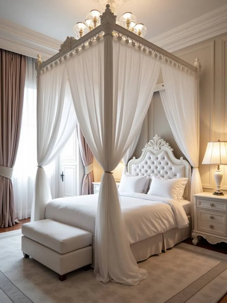 Romantic and luxurious bedroom with a white canopy bed frame draped in sheer white curtains.