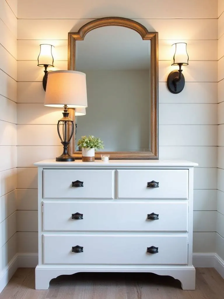 Farmhouse style bedroom with a white chest of drawers, vintage mirror, and shiplap wall.