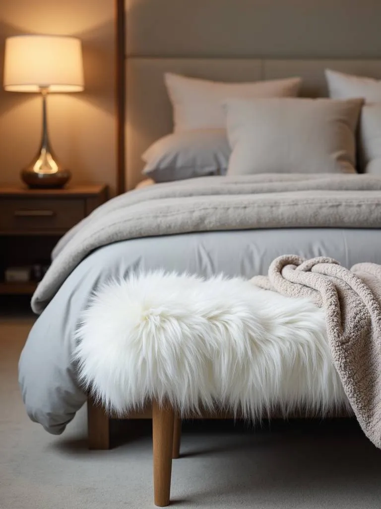 White faux fur bench at the foot of a bed with neutral bedding and a soft throw blanket.