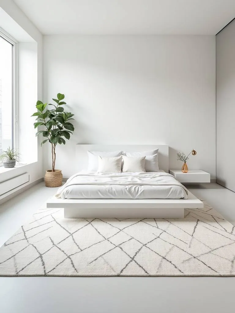 Modern minimalist bedroom with a white geometric pattern rug under a white platform bed.