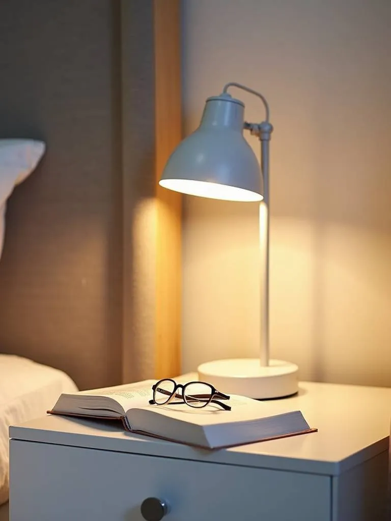 White industrial style bedside lamp with a metal shade illuminating a book on a white nightstand.