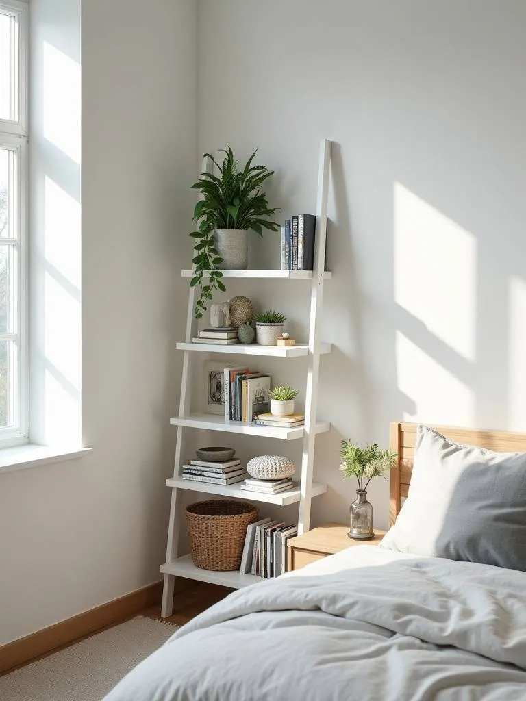White ladder bookshelf filled with books, plants, and decor in a naturally lit bedroom corner.
