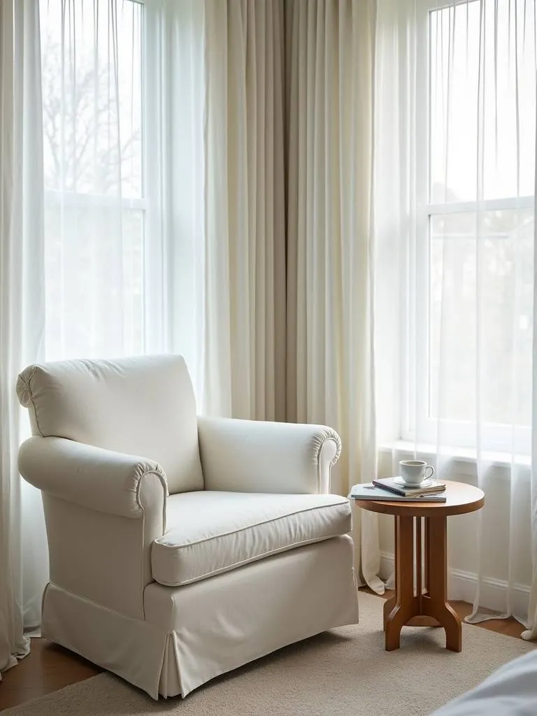 Cozy bedroom reading nook with a white linen upholstered accent chair, side table, book, and tea.