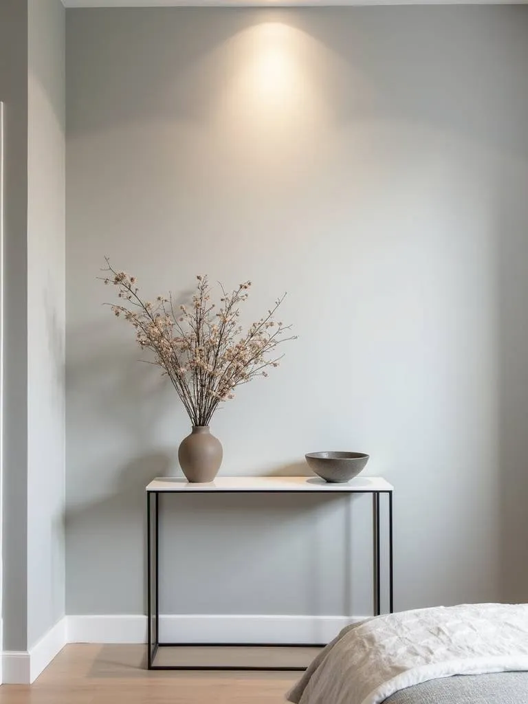 Modern bedroom area with a white metal and glass console table styled with flowers and a decorative bowl.