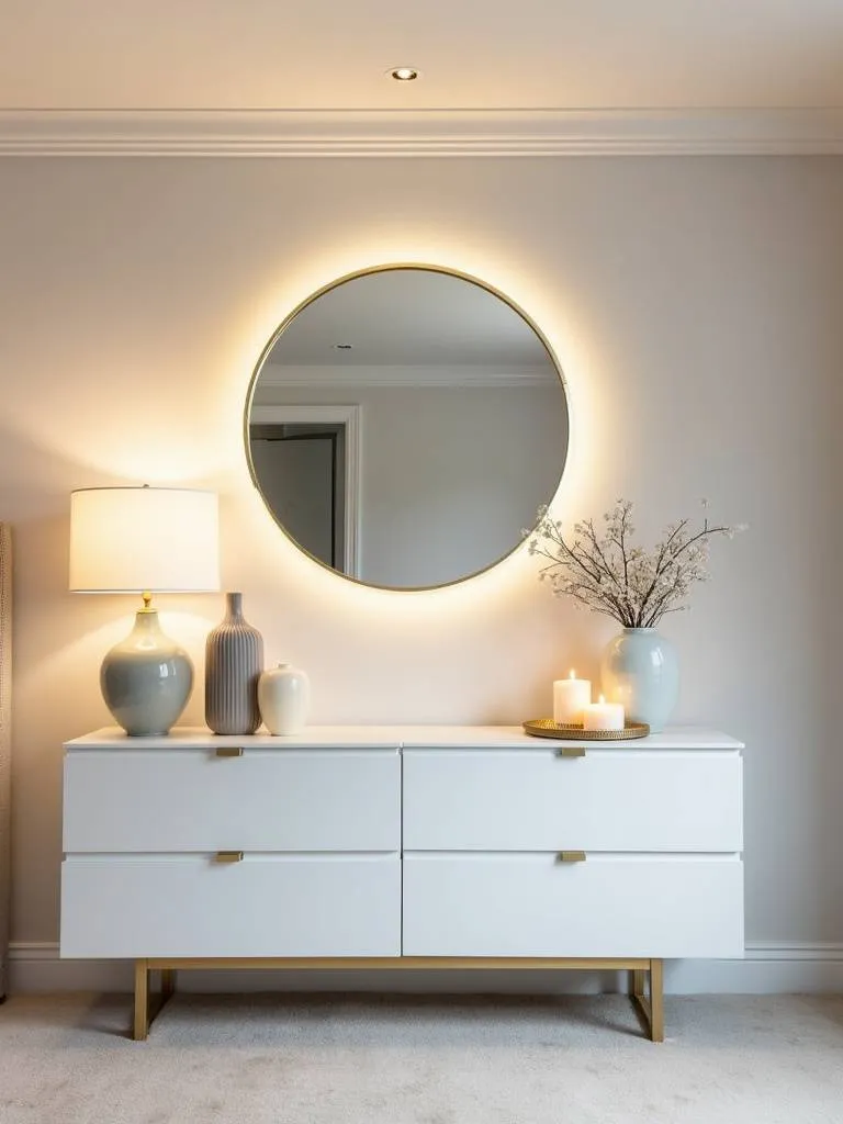 White round wall mirror with gold trim hanging above a white dresser in a warmly lit bedroom.
