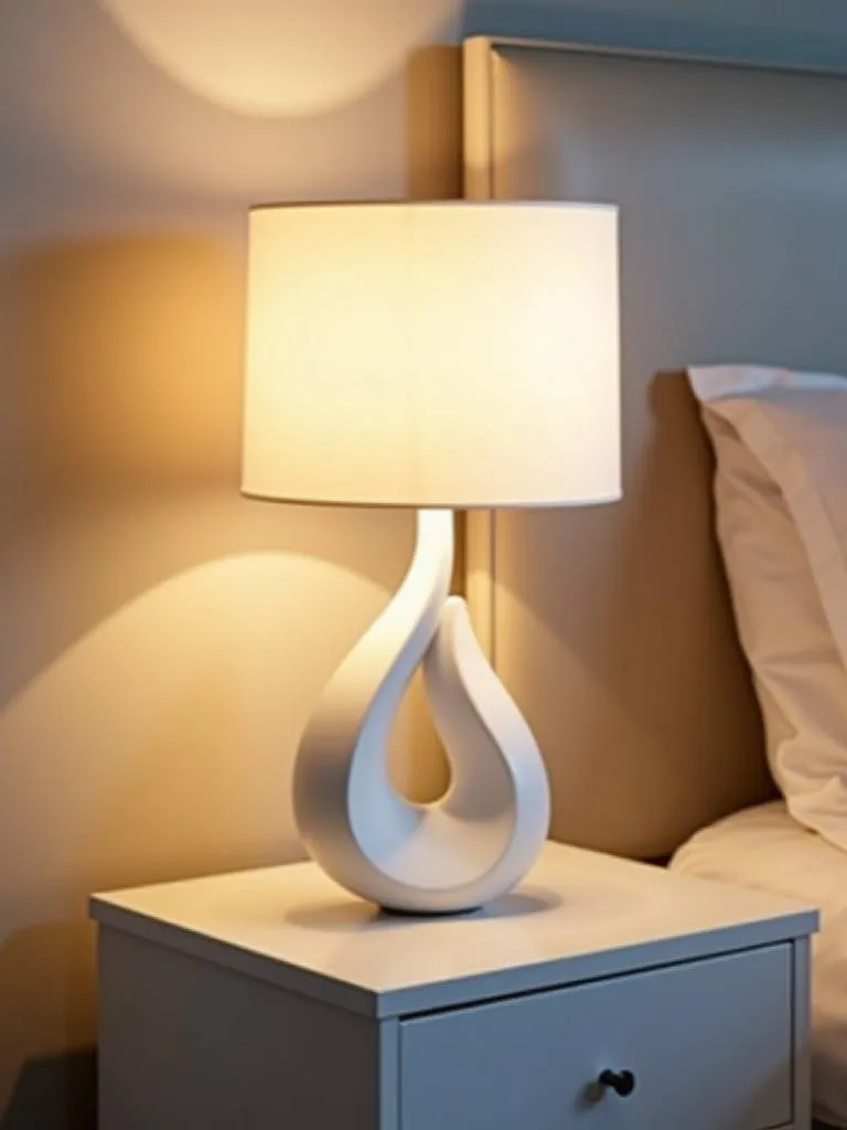 White sculptural table lamp with a white lampshade casting a soft glow on a white nightstand.