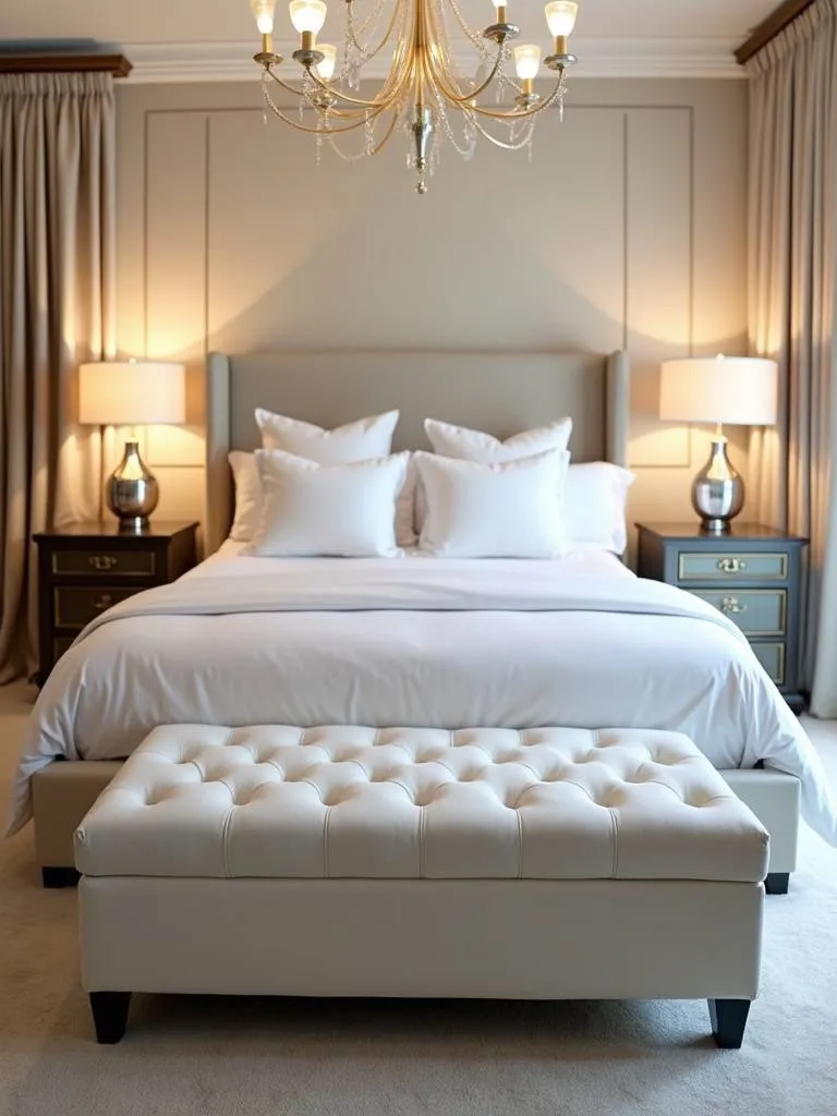 Luxurious bedroom with a white tufted ottoman bench at the foot of a king-size bed.