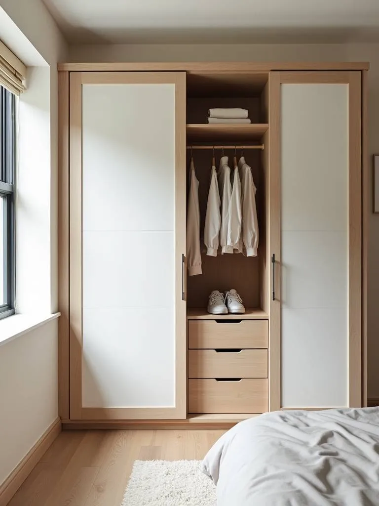 White wash wood wardrobe with organized clothing visible inside, in a naturally lit bedroom dressing area.