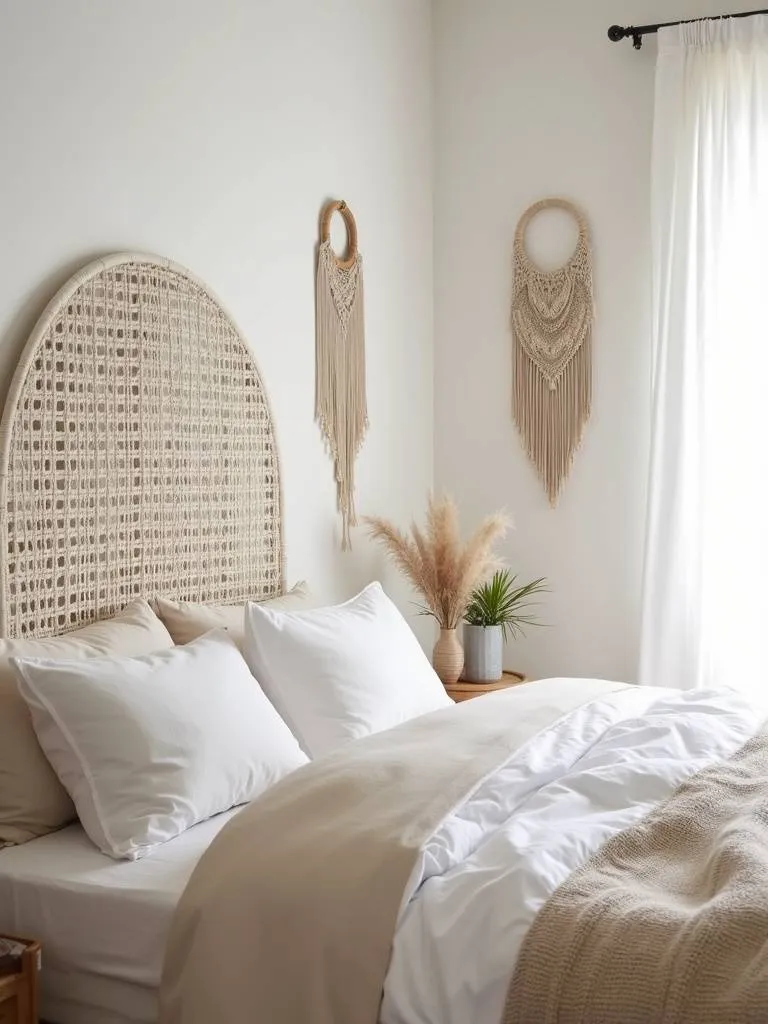 Bohemian bedroom featuring a white woven rattan headboard with linen bedding and macrame wall hangings.