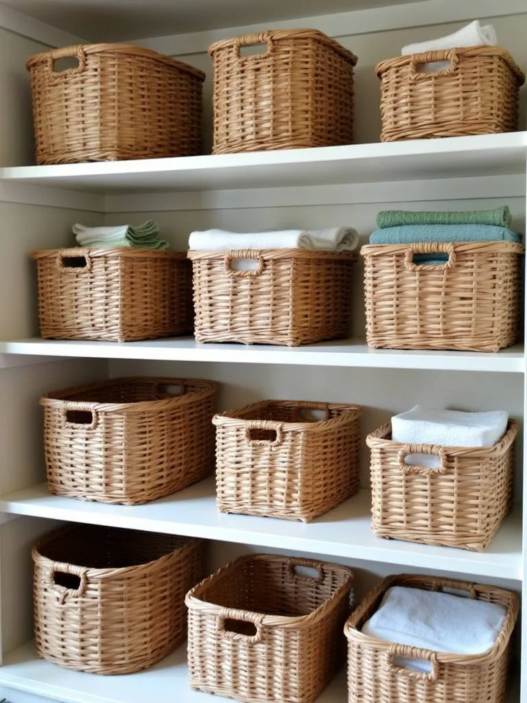 Beautifully arranged woven storage baskets in a farmhouse kitchen, demonstrating practical organization with rustic charm.