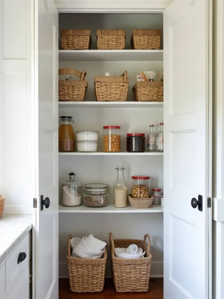 Coastal kitchen pantry with woven baskets used for stylish and organized storage.