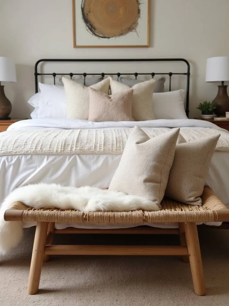 A cozy bedroom scene with a woven bench placed at the foot of the bed, adorned with throw pillows and a sheepskin rug, adding both style and functionality