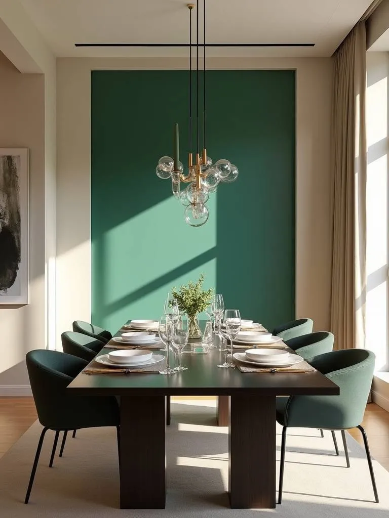 Dining room with light beige walls and a bold emerald green accent wall behind a dark wood dining table.