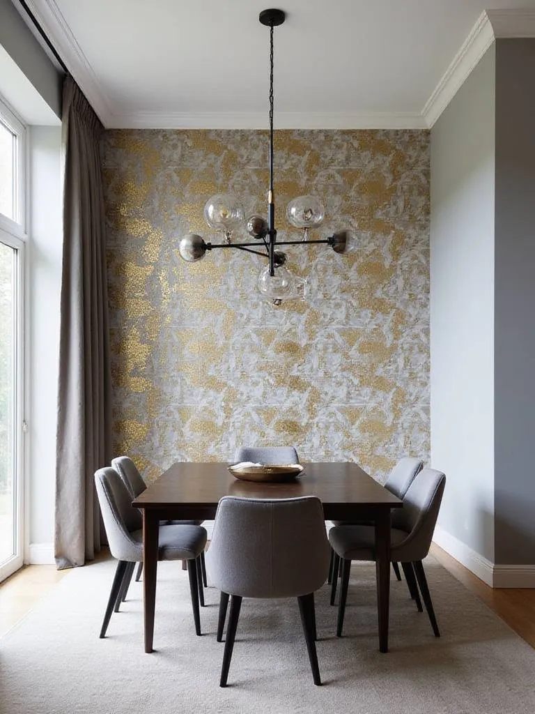Dining room with geometric gold accent wallpaper wall.