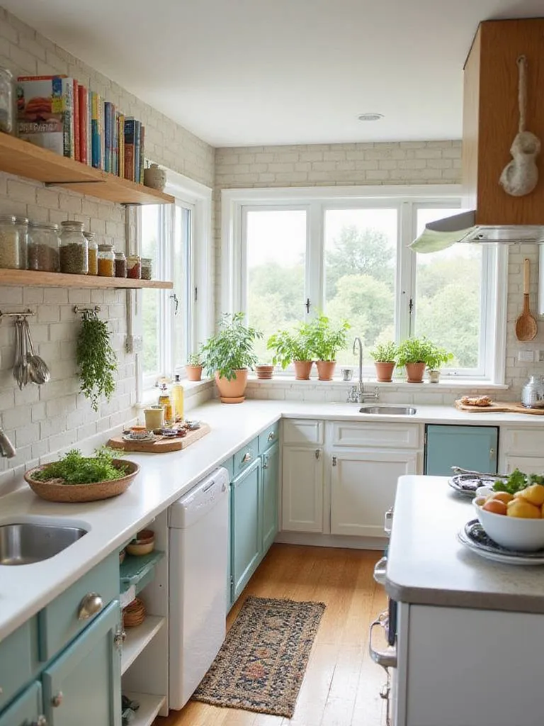 Bright kitchen with open shelving displaying cookbooks and colorful accessories