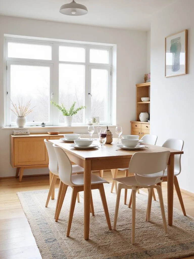 Modern dining room featuring a light wood extendable dining table set for four.