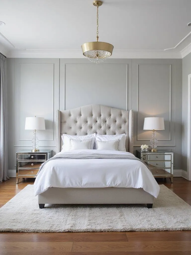 Bedroom design featuring mirrored nightstands with crystal lamps.