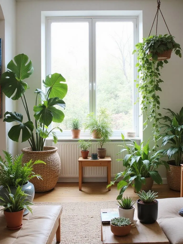 Cozy living room with lush green plants creating a natural and relaxing atmosphere.