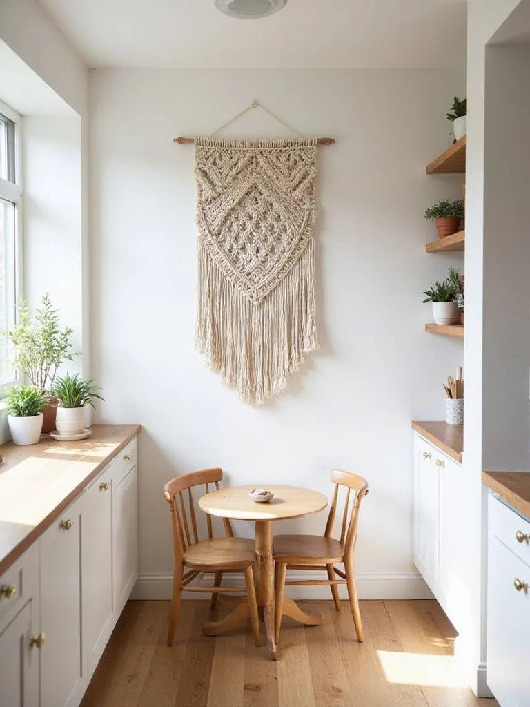 Macrame wall hanging adding bohemian style to a modern farmhouse kitchen.