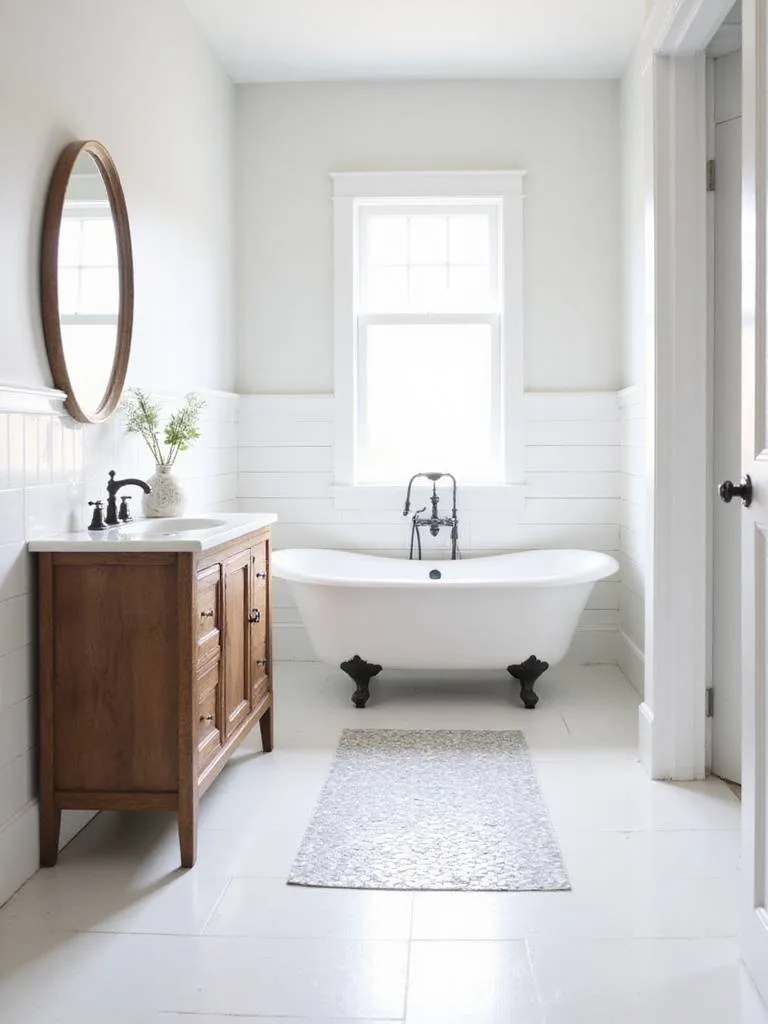 Farmhouse bathroom with white shiplap, rustic wood vanity, and gray and white hex tile accent on the floor.