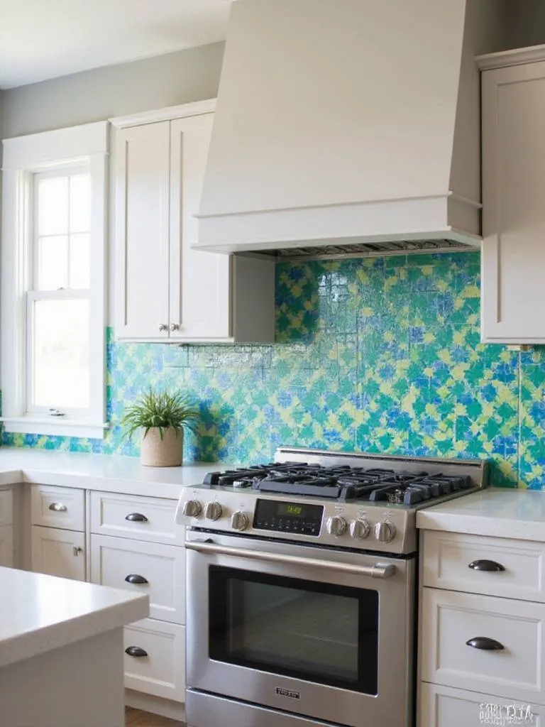 Vibrant geometric tile backsplash in modern kitchen