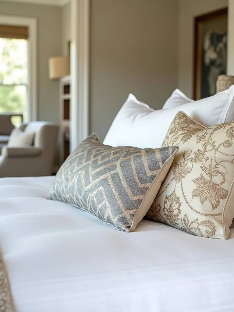 Luxury bedroom with white linen bedding and designer throw pillows in silk, velvet, and embroidered designs.