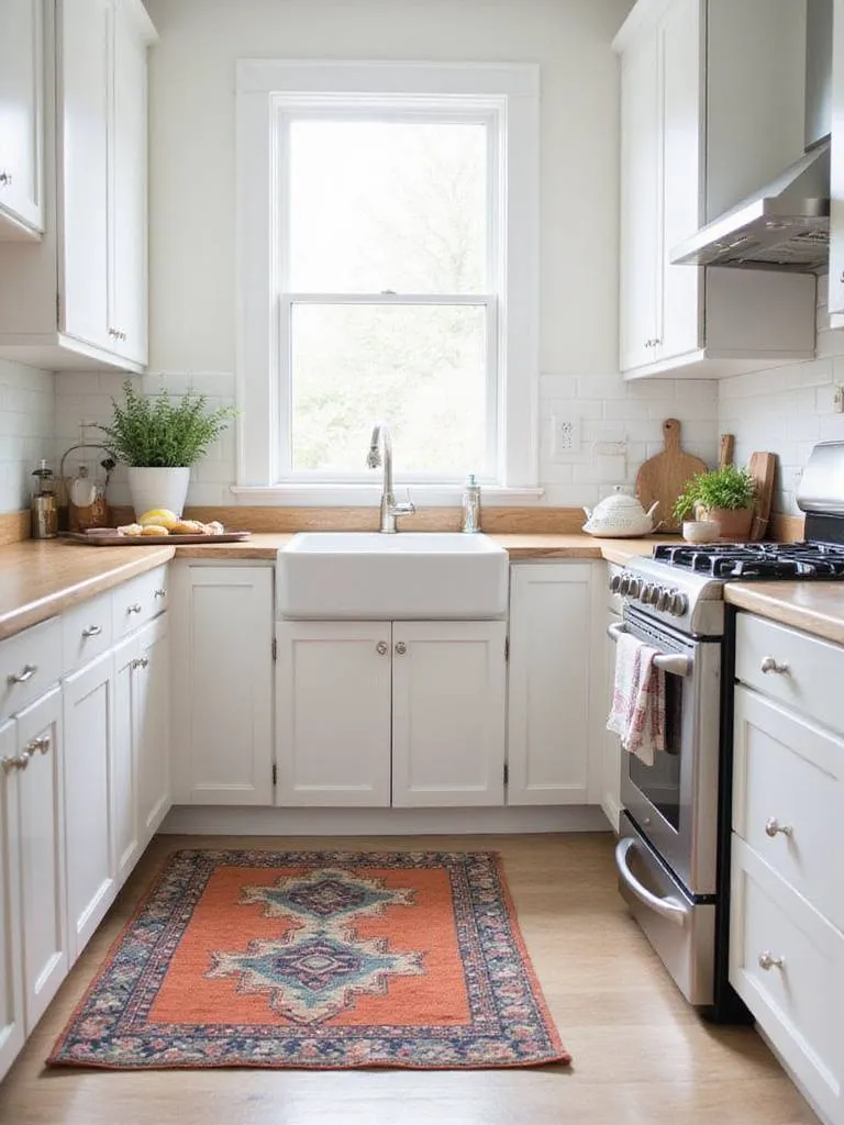 Kitchen with white cabinets and colorful rug in front of the sink.