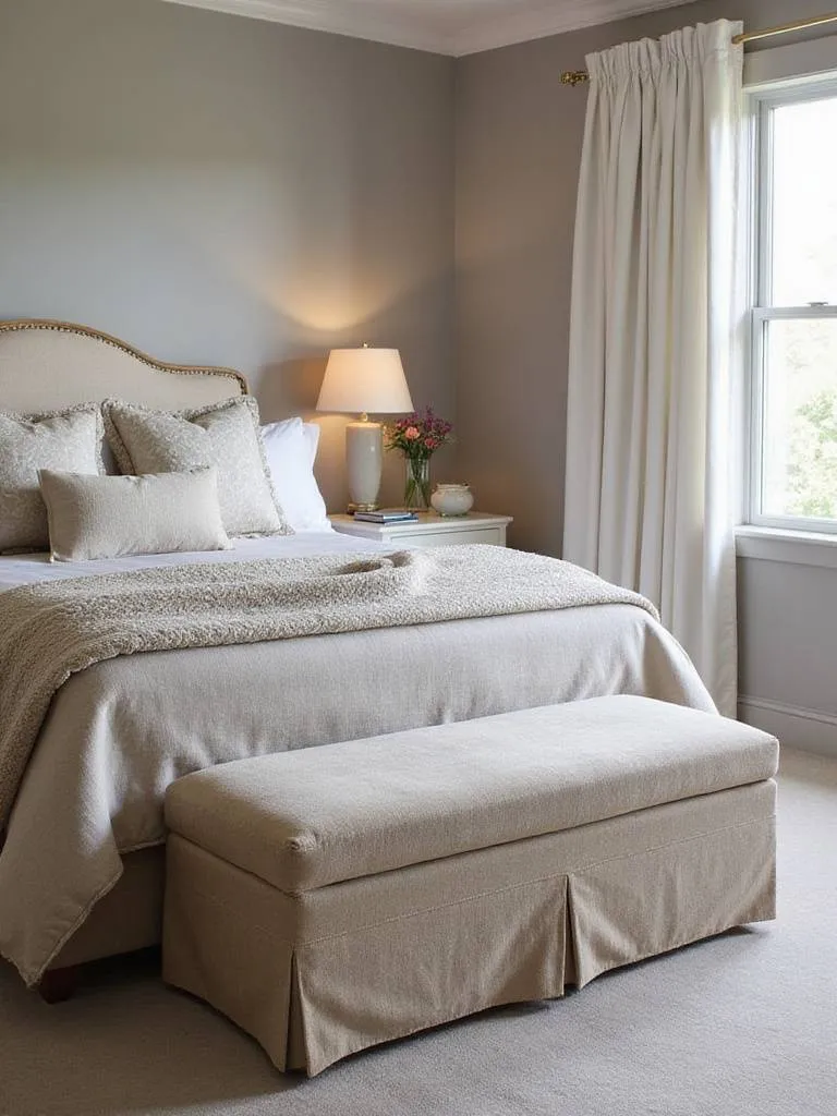 Cozy bedroom bench at the foot of a king-sized bed adds comfort and style to the room.