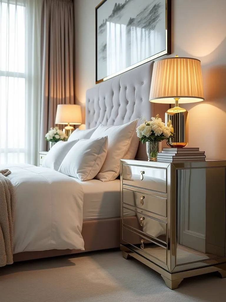 Luxury bedroom with mirrored nightstands adding glamour and reflecting light.