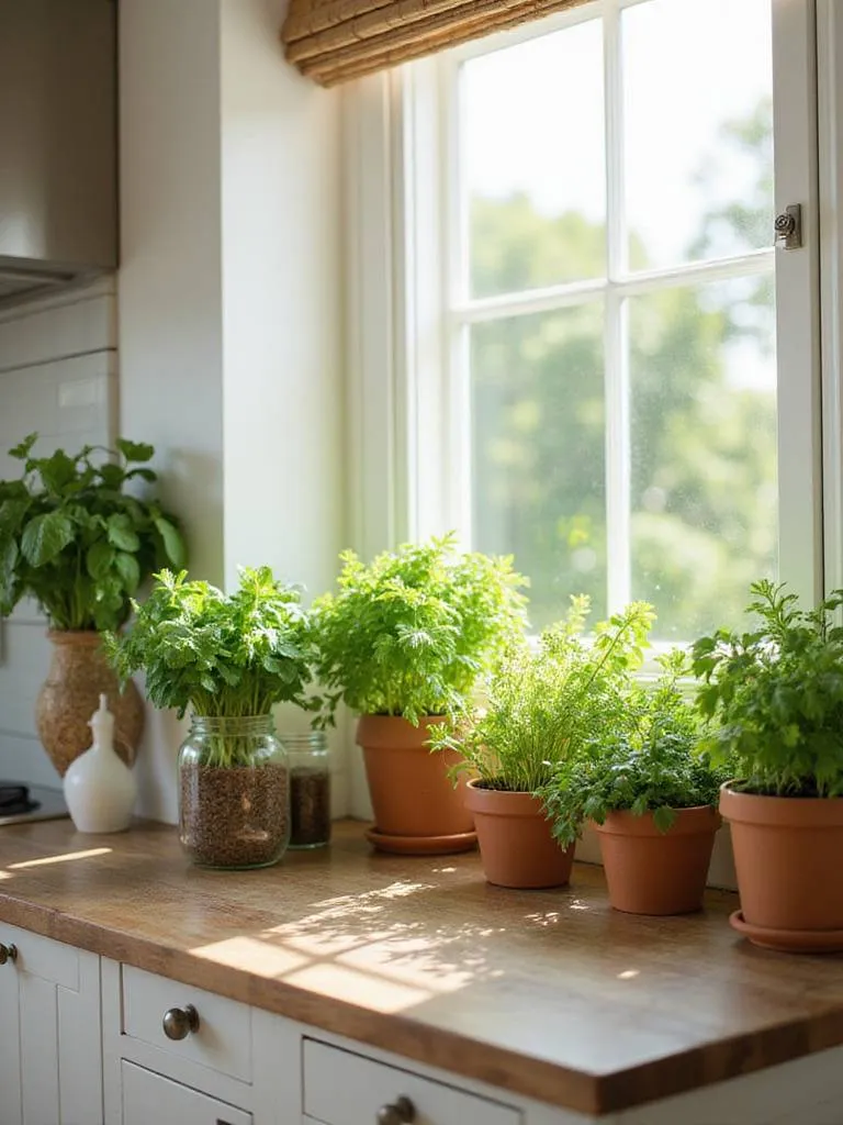 Indoor herb garden on a kitchen countertop with various herbs in terracotta pots and mason jars.