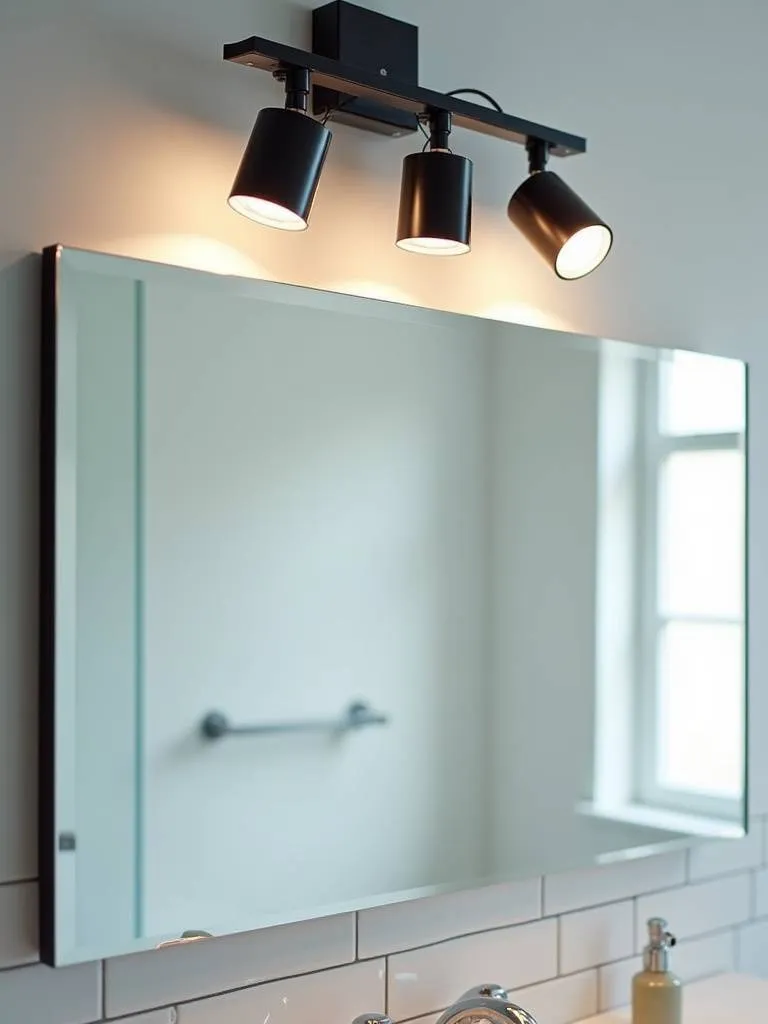 Modern bathroom with adjustable track lighting above a frameless mirror, providing focused illumination.