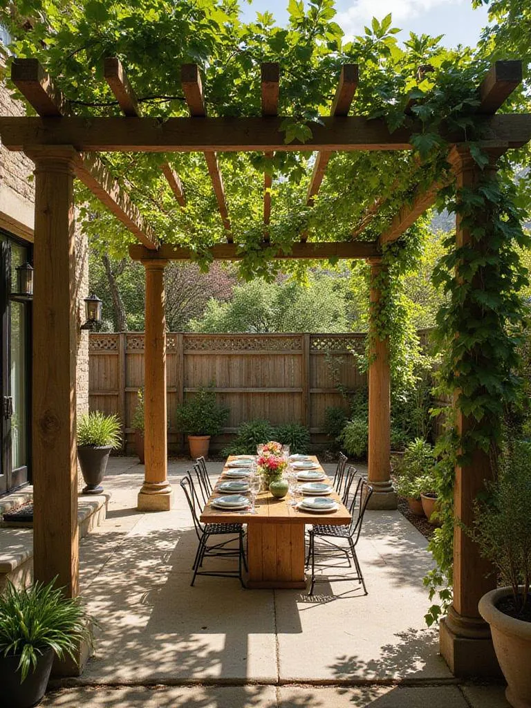 Outdoor dining area under a pergola with climbing vines