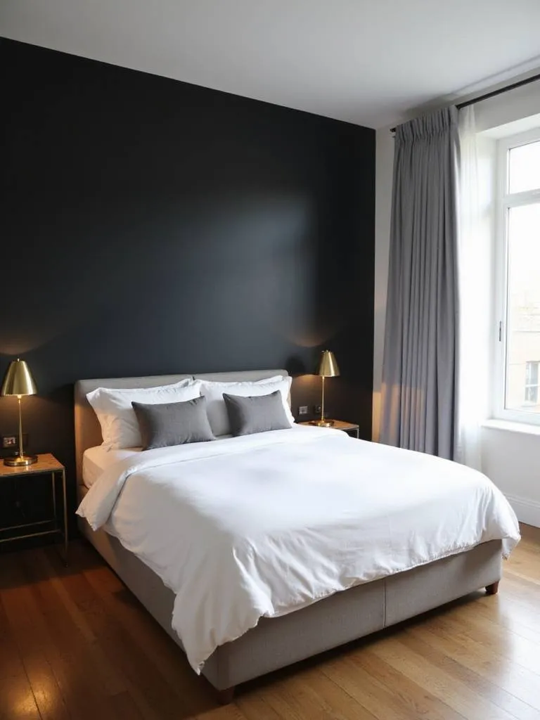 Modern bedroom with a striking black accent wall behind the bed.